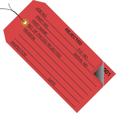 Staples - 4 3/4" x 2 3/8" - "Rejected" Inspection Tag 2 Part - Numbered 001 - 499 - Pre-Wired, 500/Case