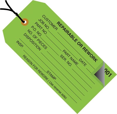 Staples - 4 3/4 x 2 3/8 - Repairable or Rework Inspection Tag - Numbered 001 - 499 - Pre-Strung, 500/Case