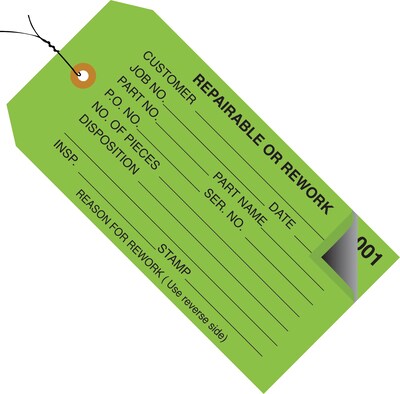 Staples - 4 3/4 x 2 3/8 - Repairable or Rework Inspection Tag - Numbered 001 - 499 - Pre-Wired, 500/Case