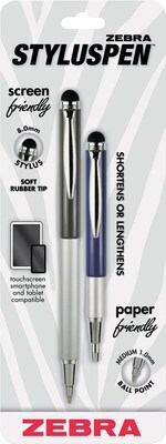 Zebra Pen StylusPen Telescopic Retractable Ballpoint Pen, Medium Point, Blue/Grey, 2pk (33602)