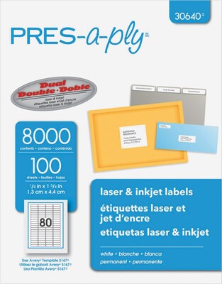 PRES-a-ply Laser/Inkjet Return Address Labels, 1/2 x 1-3/4, White, 80 Labels/Sheet, 100 Sheets/Pac