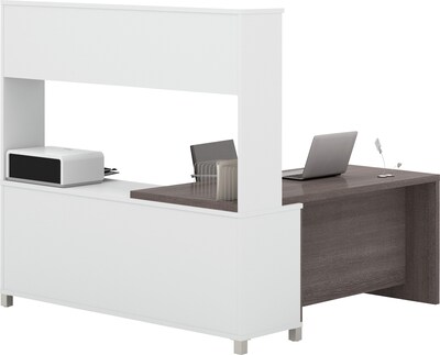 Bestar Pro-Linea L-Desk with Hutch, White/Bark Grey (120884-47)