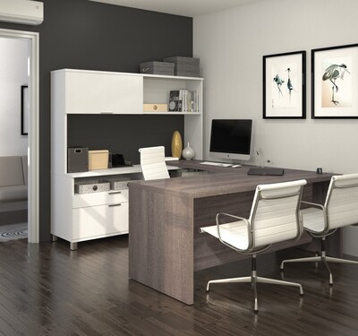 Bestar Pro-Linea 71" U-Desk with Hutch, White/Bark Grey (120880-47)