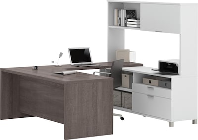 Bestar Pro-Linea 71 U-Desk with Hutch, White/Bark Grey (120880-47)