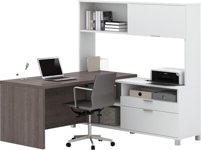 Bestar Pro-Linea 71W L-Desk with Hutch, White & Bark Grey (120882-47)