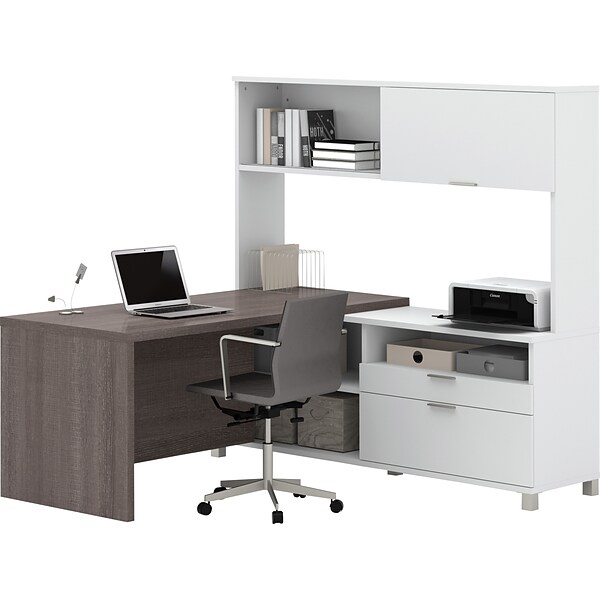 Bestar® Pro-Linea 71W L-Desk with hutch White & Bark Grey (120882-47)