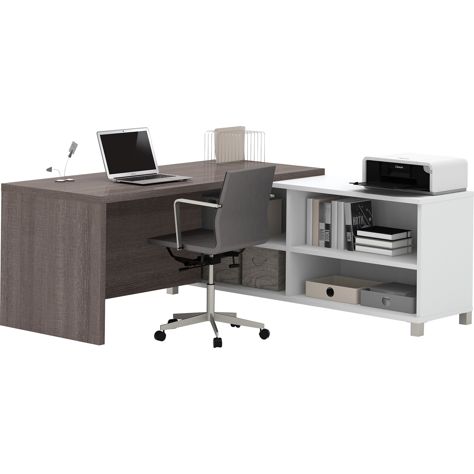 Bestar Pro-Linea 71W L-Desk, White & Bark Grey (120885-47)