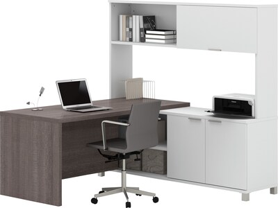 Bestar Pro-Linea L-Desk with Hutch, White/Bark Grey (120884-47)