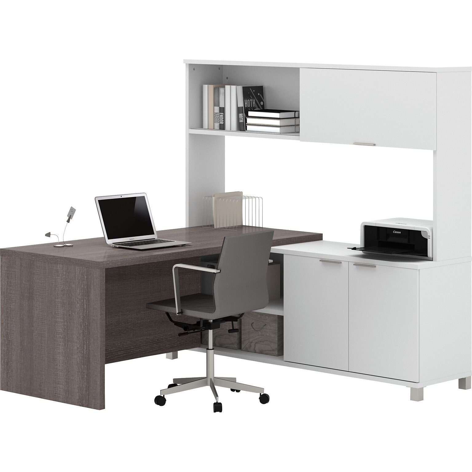 Bestar Pro-Linea L-Desk with Hutch, White/Bark Grey (120884-47)