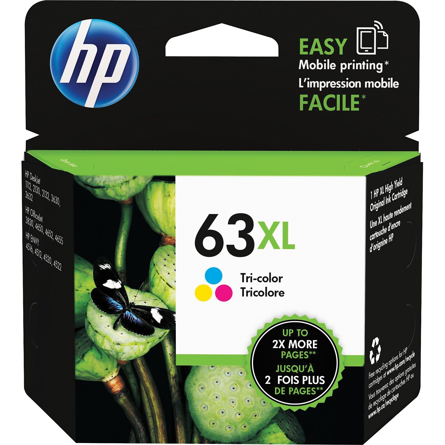 HP 63XL Tri-Color High Yield Ink Cartridge (F6U63AN#140), print up to 300 pages