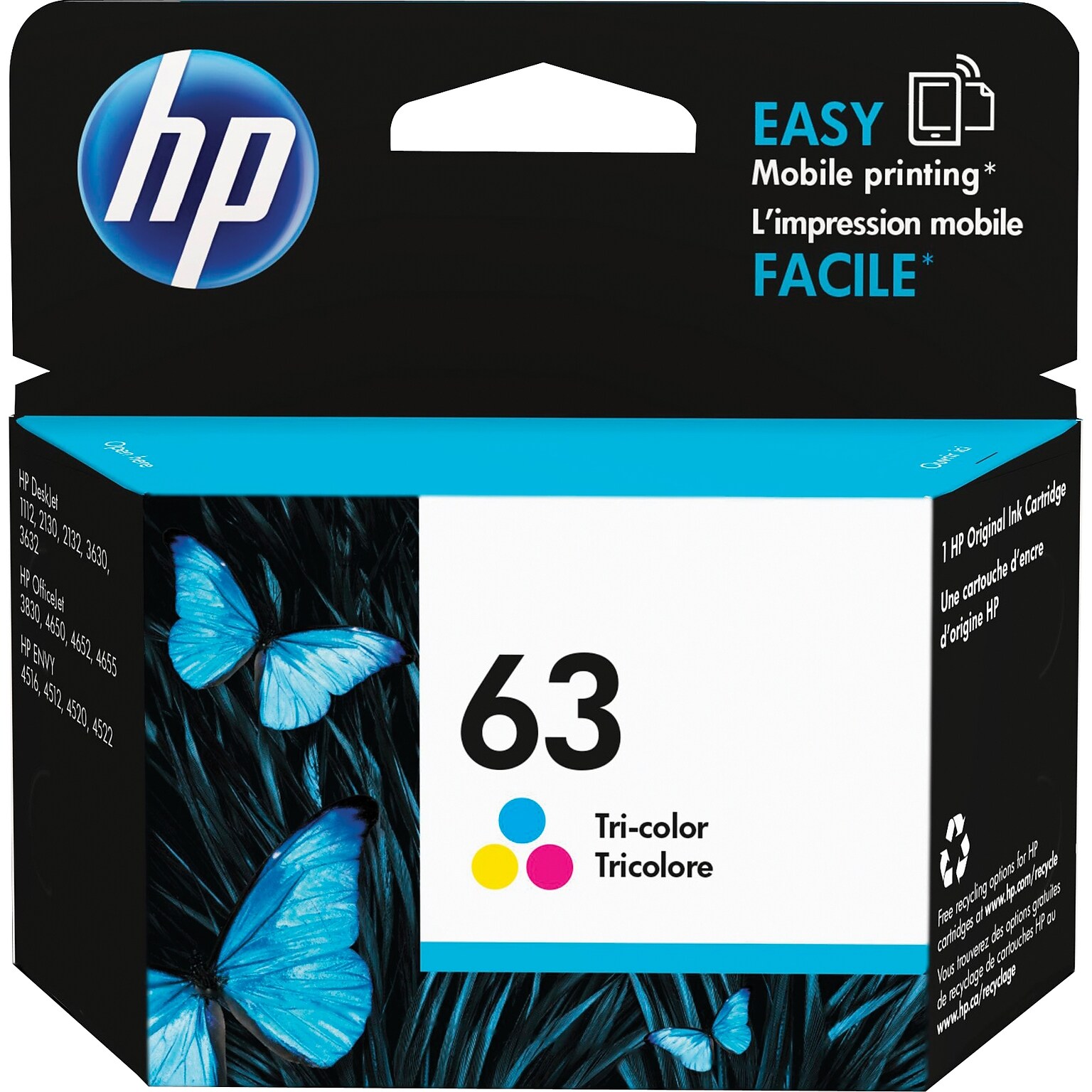 HP 63 Tri-Color Standard Yield Ink Cartridge, Prints Up to 150 Pages (F6U61AN#140)