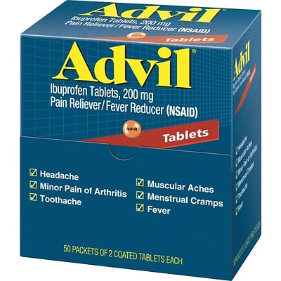 Advil® Ibuprofen Pain Reliever, 200mg, 2/Packet, 50 Packets/Box (15000-001)