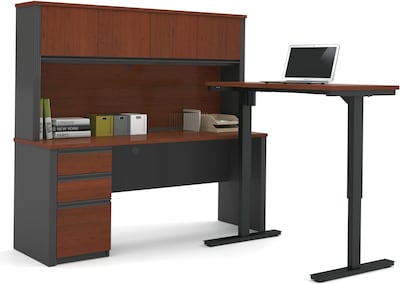 Bestar® Prestige+ 71 L-Desk, Hutch, and Electric Height Adjustable Table, Bordeaux (99886-39)