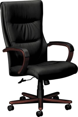 HON Topflight Executive High-Back Chair, Fixed Arms, Mahogany Finish, Black SofThread Leather (BSXVL844NSB11)