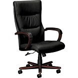 HON Topflight Executive High-Back Chair, Fixed Arms, Mahogany Finish, Black SofThread Leather (BSXVL