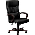 HON Topflight Executive High-Back Chair, Fixed Arms, Mahogany Finish, Black SofThread Leather (BSXVL844NSB11)