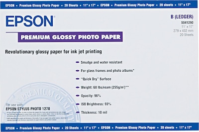 Epson Premium Photo Paper, 68 lbs., High-Gloss, 11 x 17, 20 Sheets/Pack