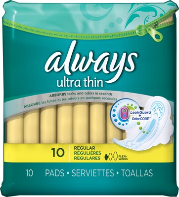 Always Ultra Thin Size 1 Regular Pads With Wings Unscented, 10 Pads/Pack, 12 Packs/Carton (34966CT)