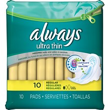 Always Ultra Thin Size 1 Regular Pads With Wings Unscented, 10 Pads/Pack, 12 Packs/Carton (34966CT)