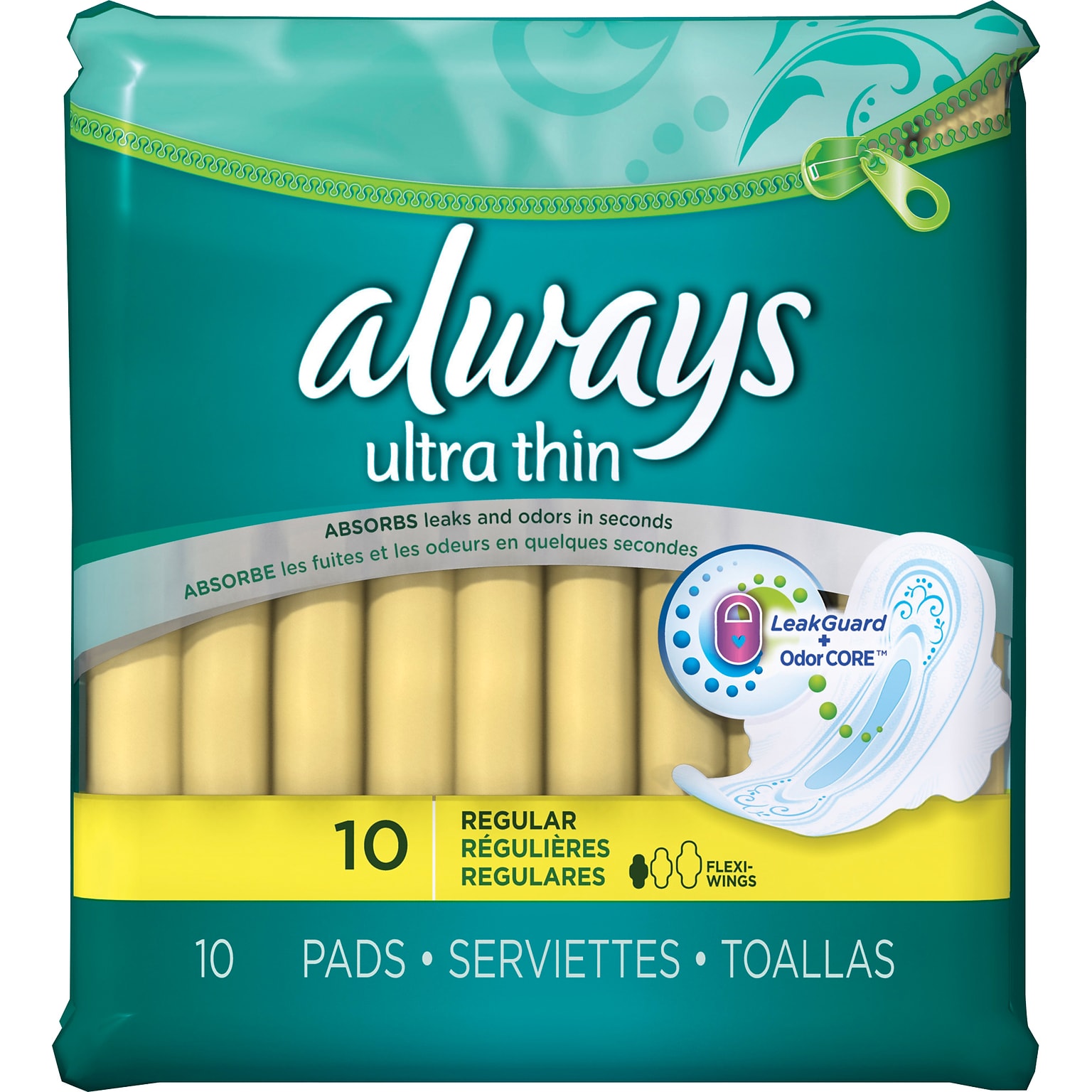 Always Ultra Thin Size 1 Regular Pads With Wings Unscented, 10 Pads/Pack, 12 Packs/Carton (34966CT)