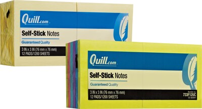 Quill Brand® Self-Stick, Flat Notes, 3 x 3, Yellow & Mega Colors, 24 Pack (CD47384YW)