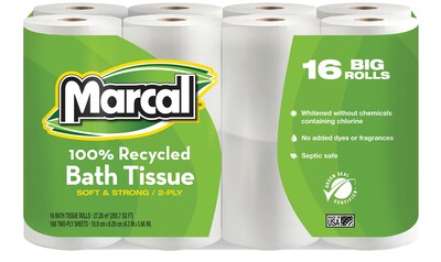 Marcal® 100% Recycled Bath Tissue, 2-Ply, White, 168 Sheets/Roll, 16 Rolls/Case (16466)
