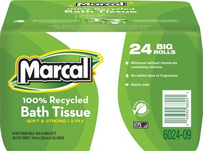 Marcal 100% Recycled Bath Tissue, White, 2-Ply, 168 Sheets/Roll, 24 Rolls/Case (6024)