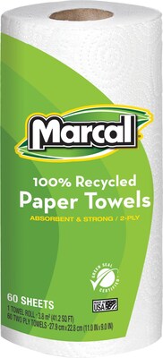 Marcal® 100% Recycled Perforated Roll Towels, 2-Ply, 60 Sheets/Roll, 15 Rolls/Case (6709-15)