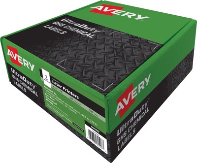 Avery(TM) UltraDuty(R) GHS Chemical Labels for Laser Printers, 60508, 8-1/2 x 14, Box of 500, Polyester Film