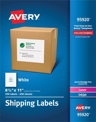 Avery Laser/Inkjet Shipping Labels, 8-1/2 x 11, White, 1 Labels/Sheet, 250 Sheets/Box, 250 Labels/