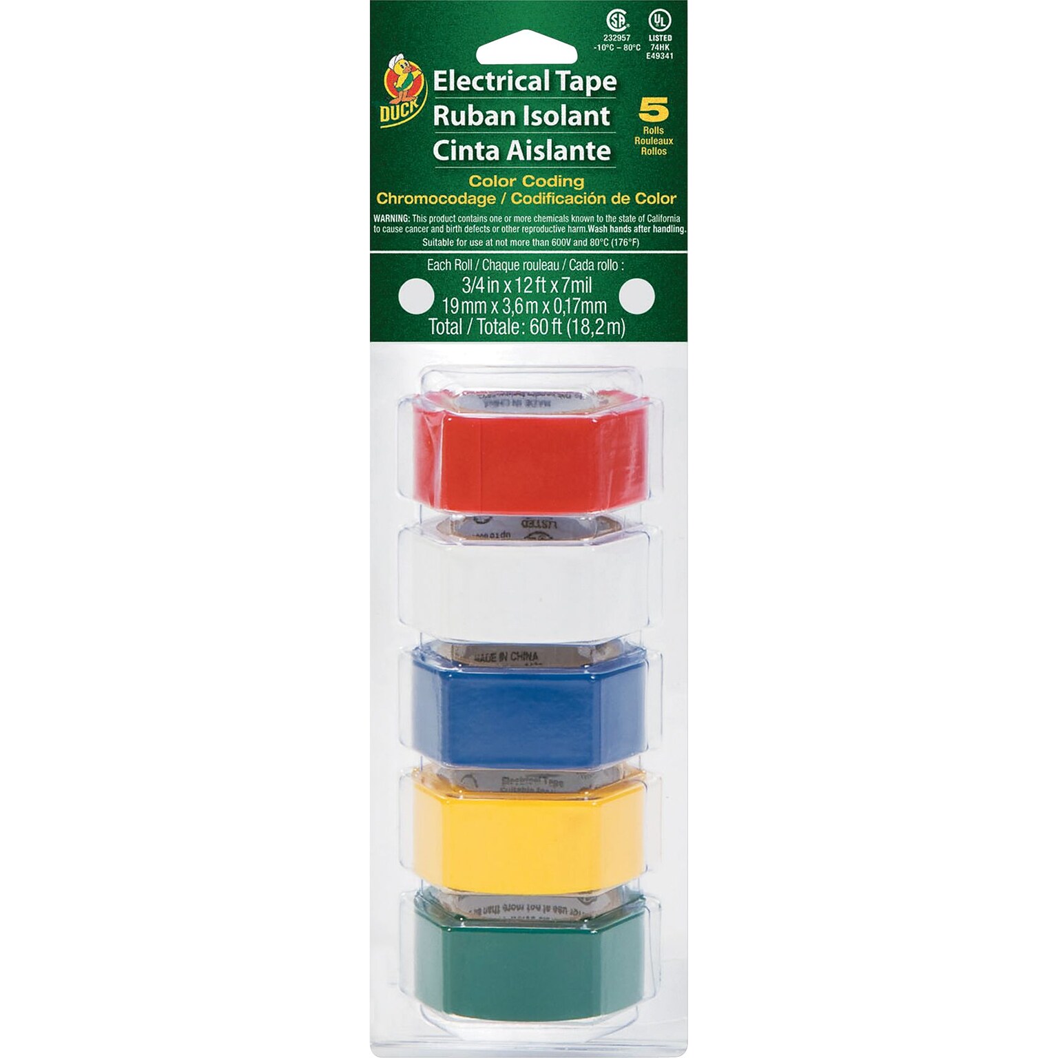 Duck® Brand .75 in. x 12 ft. x 7 mil. Professional Color Coding Electrical Tape, Multi-Color, 5 pk (280303)