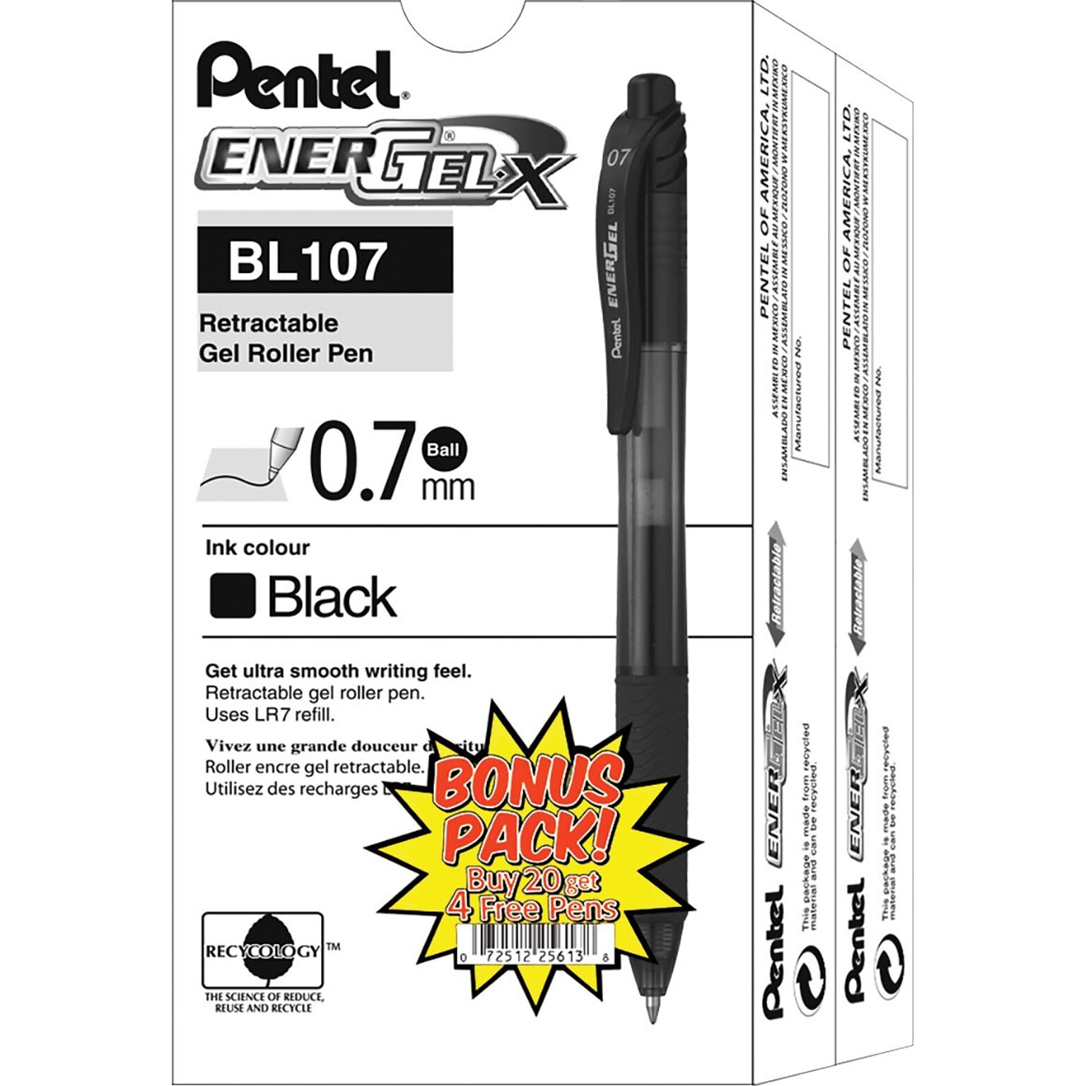 Pentel EnerGel-X Retractable Roller Gel Pens, Medium Point, Black Ink, 24/Pack (BL107ASW2)