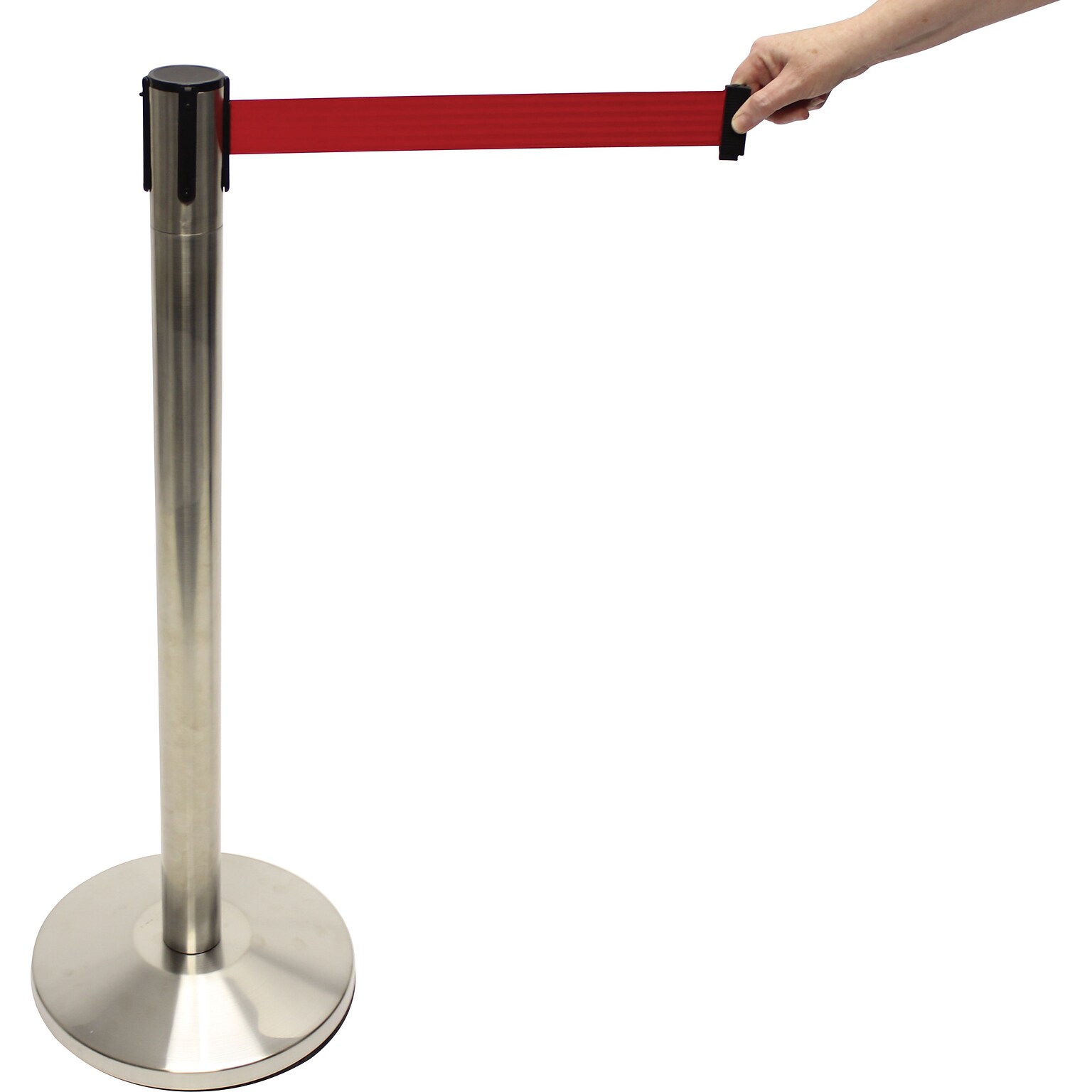 Accuform Signs® Blockade Retractable Belt Tape Barrier, Brushed Steel Post/Red Belt Tape, Each