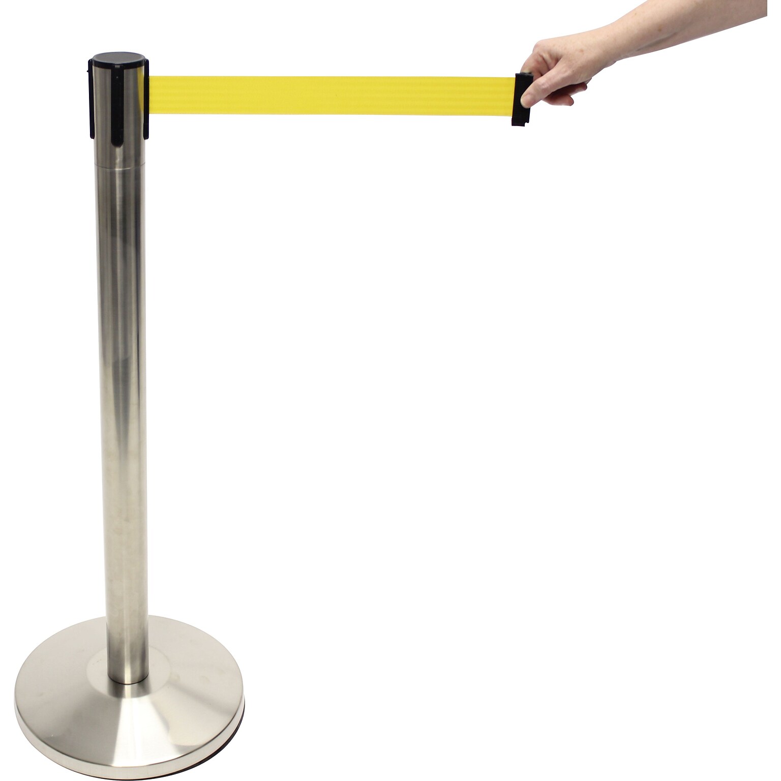 Accuform Signs® Blockade Retractable Belt Tape Barrier, Brushed Steel Post/Yellow Belt Tape, Each