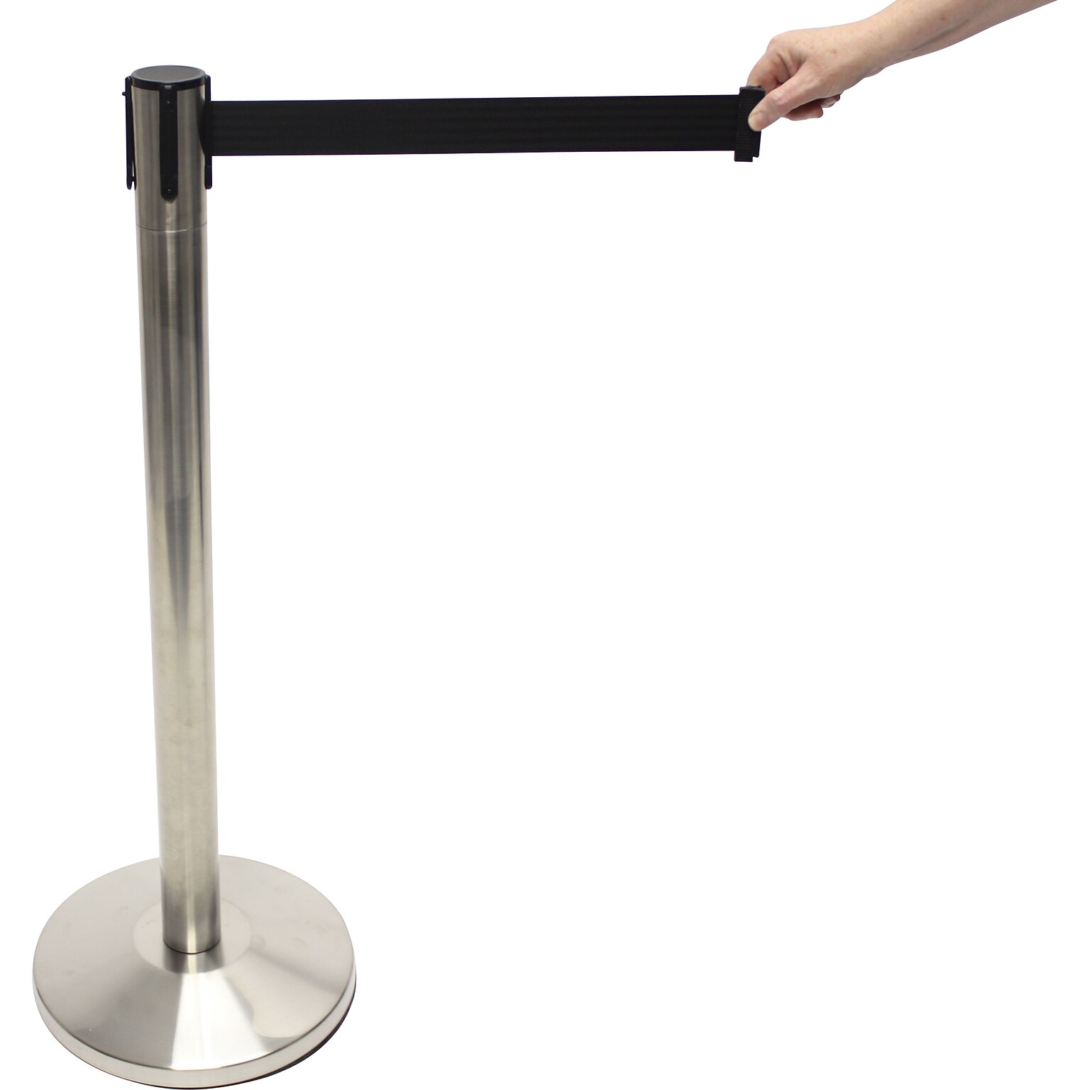 Accuform Signs® Blockade Retractable Belt Tape Barrier, Brushed Steel Post/Black Belt Tape, Each