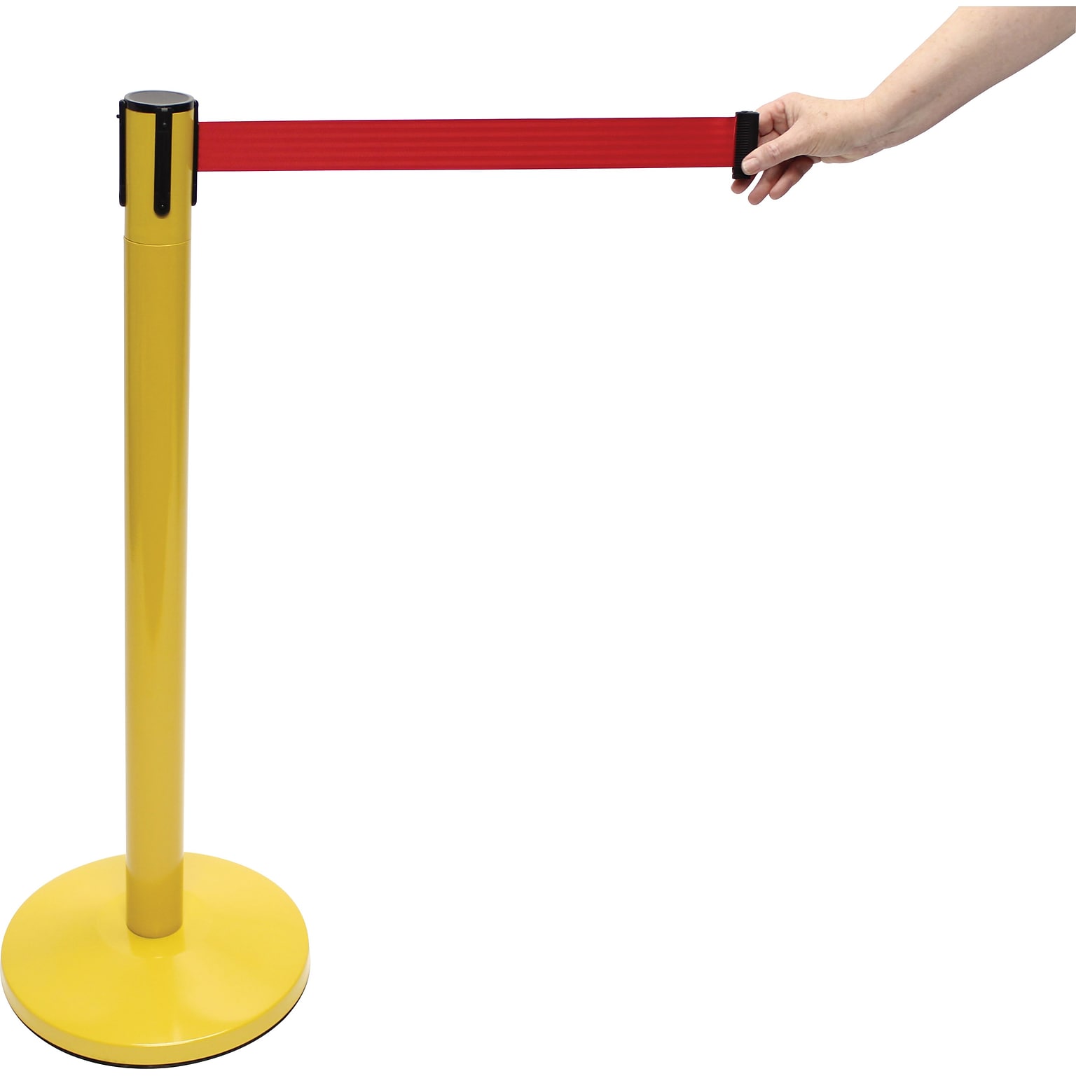 Accuform Signs® Blockade Retractable Belt Tape Barrier, Yellow Post/Red Belt Tape, Each