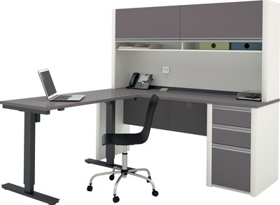 Bestar Connexion 72W L-Desk with Hutch & Electric Height-Adjustable Desk, Slate/Sandstone (93886-59