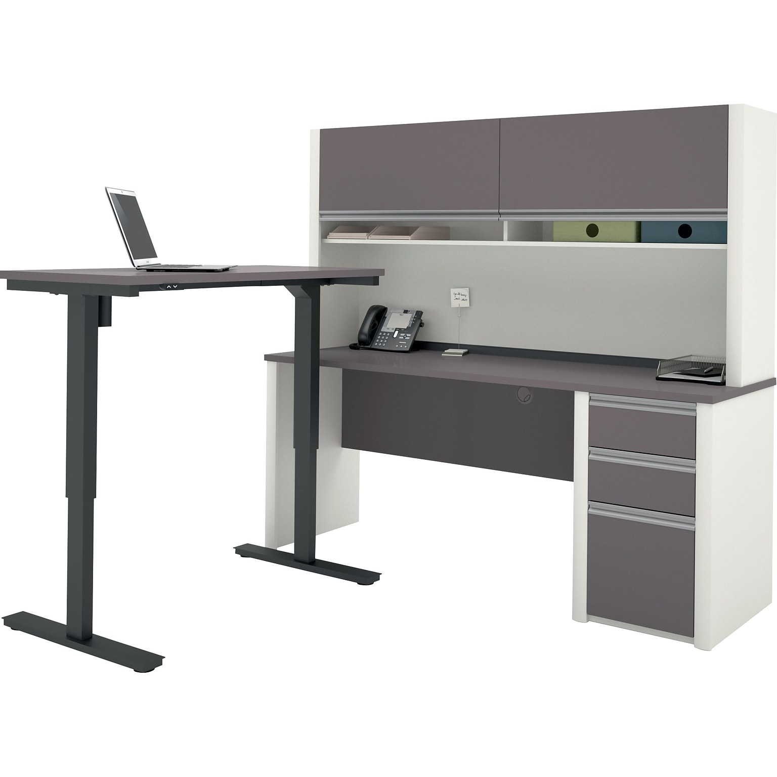 Bestar Connexion 72W L-Desk with Hutch & Electric Height-Adjustable Desk, Slate/Sandstone (93886-59)