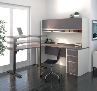Bestar Connexion 72"W L-Desk with Hutch & Electric Height-Adjustable Desk, Slate/Sandstone (93886-59)