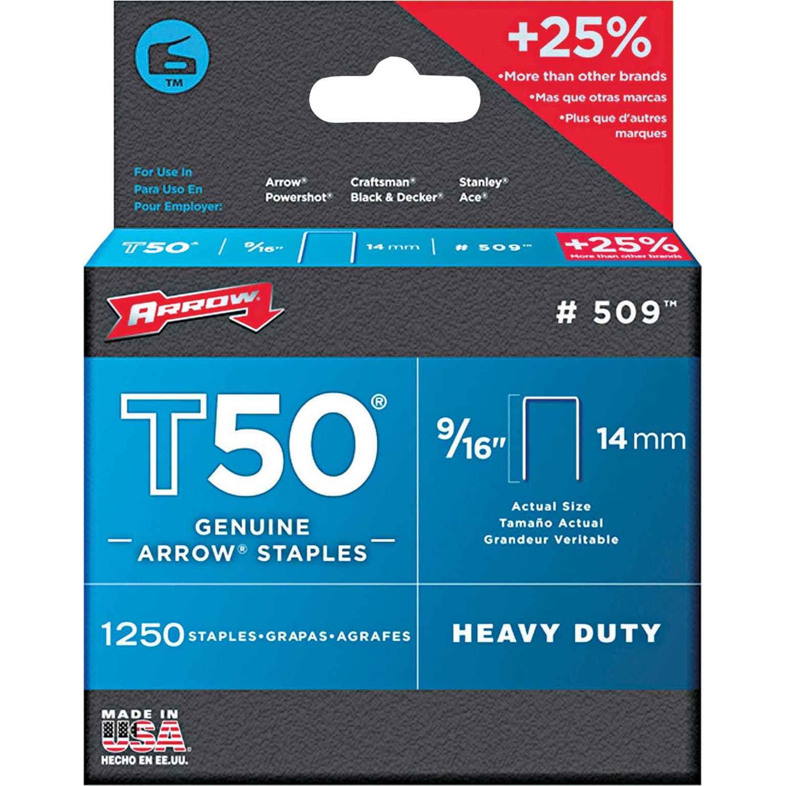 Arrow® T50® Type Staples, Heavy Duty, 9/16 1250/Pk