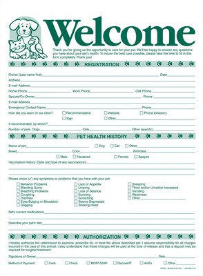 Medical Arts Press® Welcome Registration Form,  Pets at Left