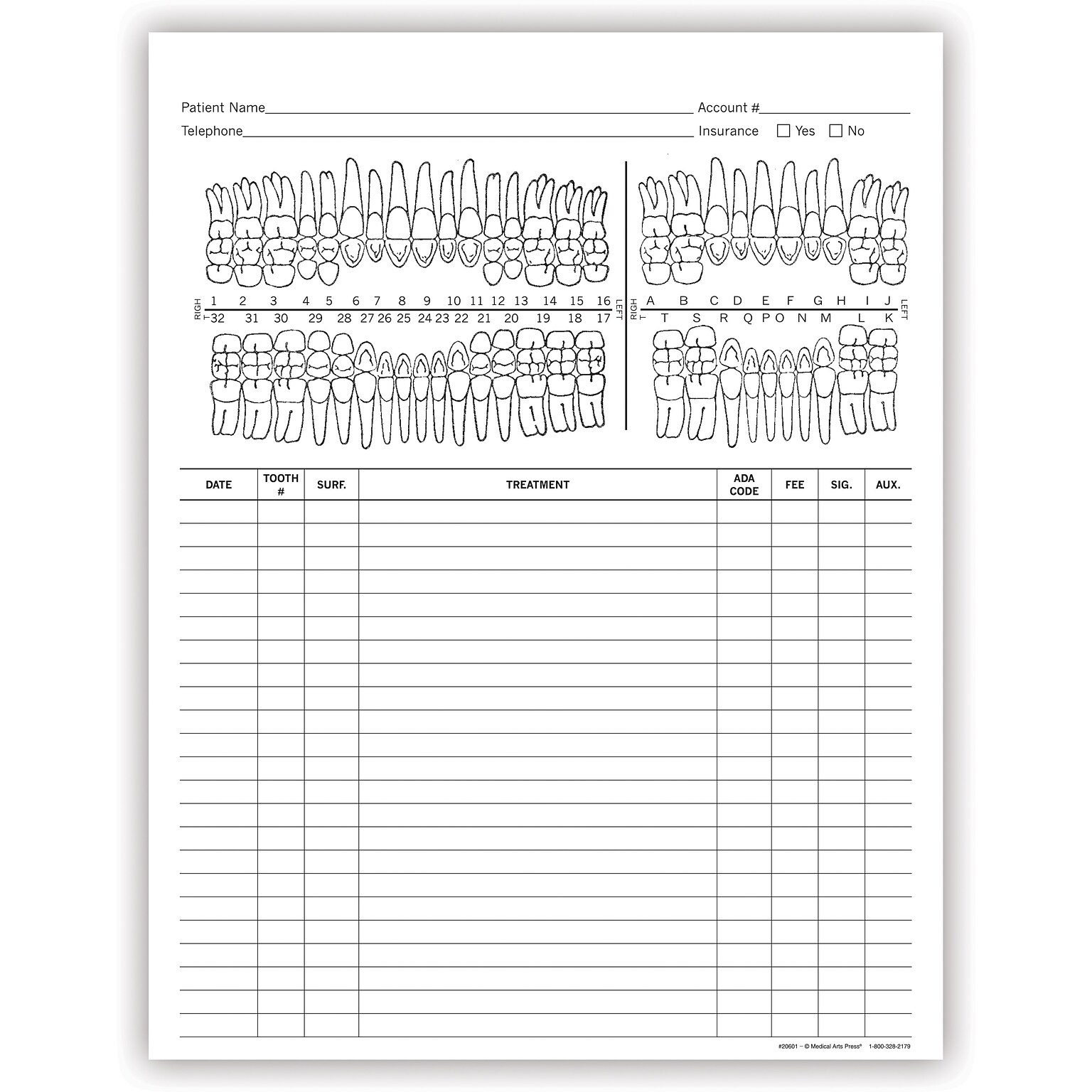 Medical Arts Press Dental Treatment Notes, Tooth Chart, 250/Pack (20601RL)