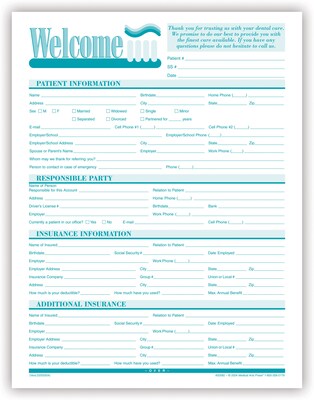 Medical Arts Press® Dental Registration and History Form, Welcome, Toothbrush, Teal Design, No Punch