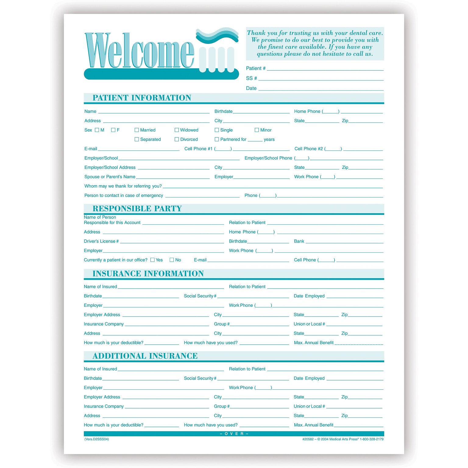 Medical Arts Press® Dental Registration and History Form, Welcome, Toothbrush, Teal Design, No Punch