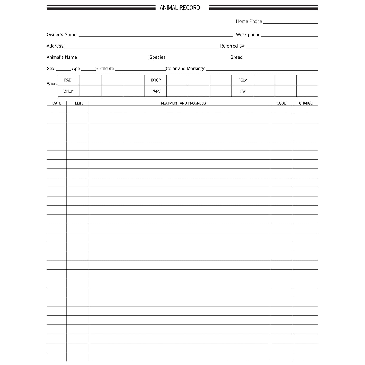 Medical Arts Press Animal Patient Record, Vaccination Chart