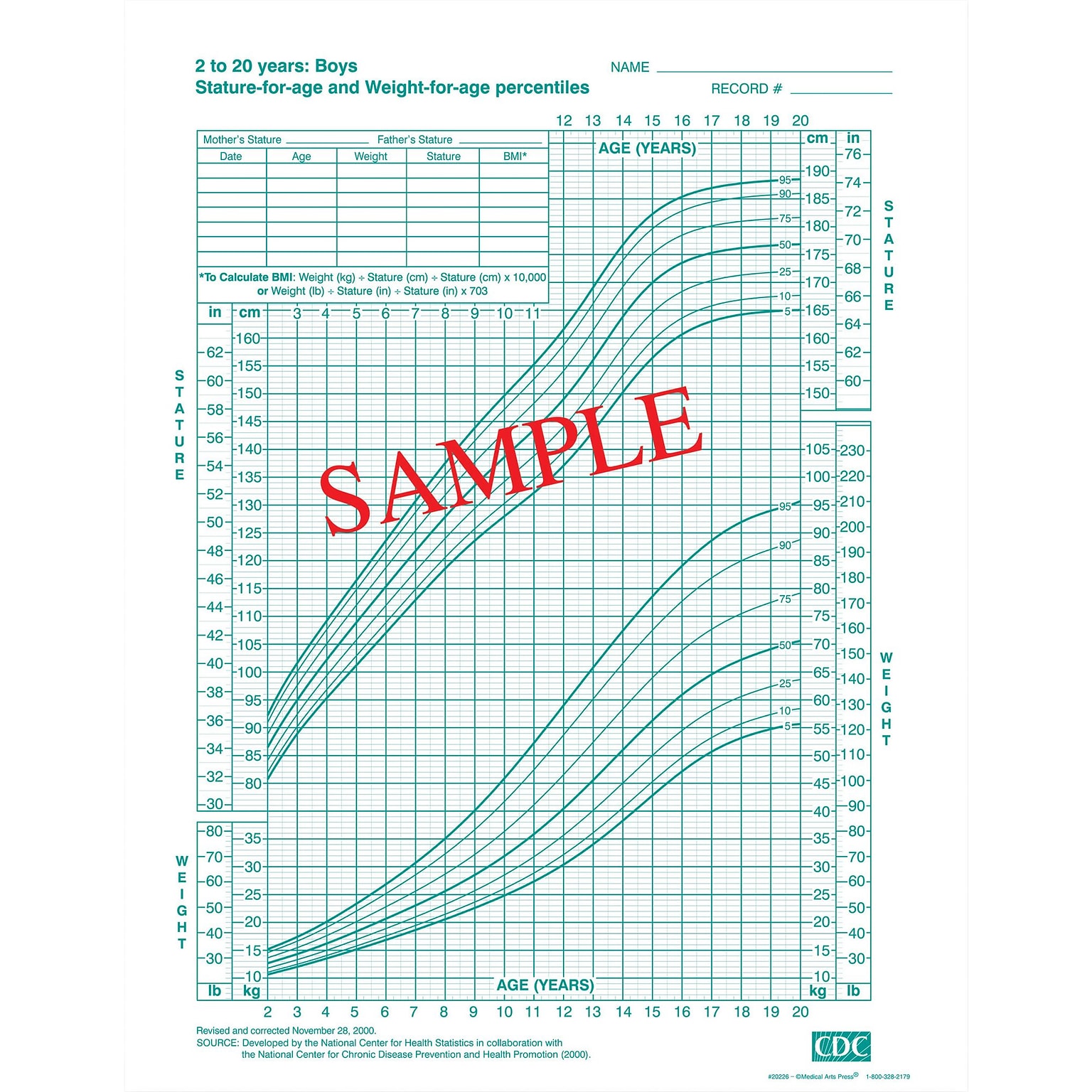 Medical Arts Press® Growth Chart, Boys 2-20  Years