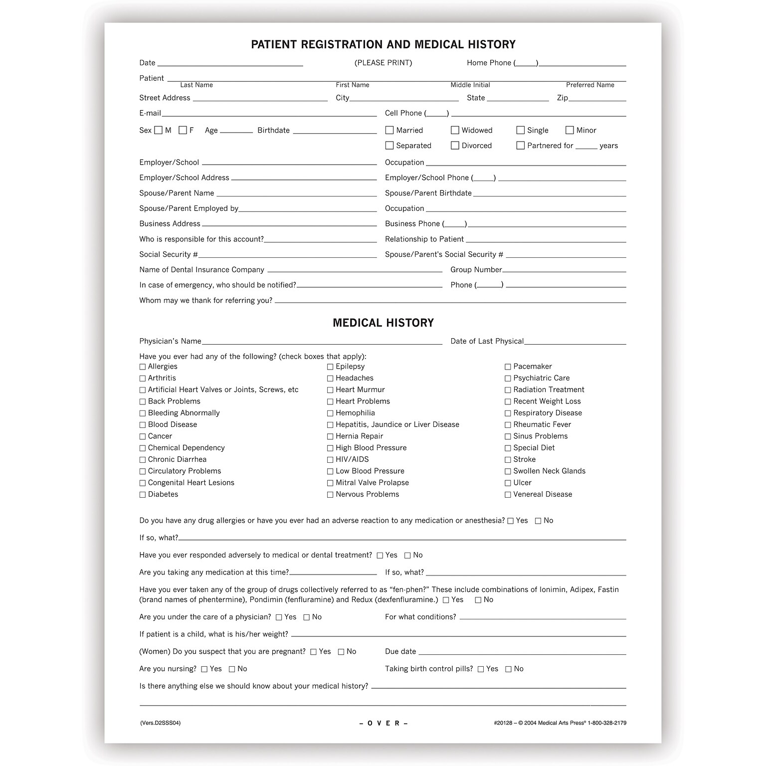 Medical Arts Press® Dental Registration and Medical History Form,  Ledger Stock