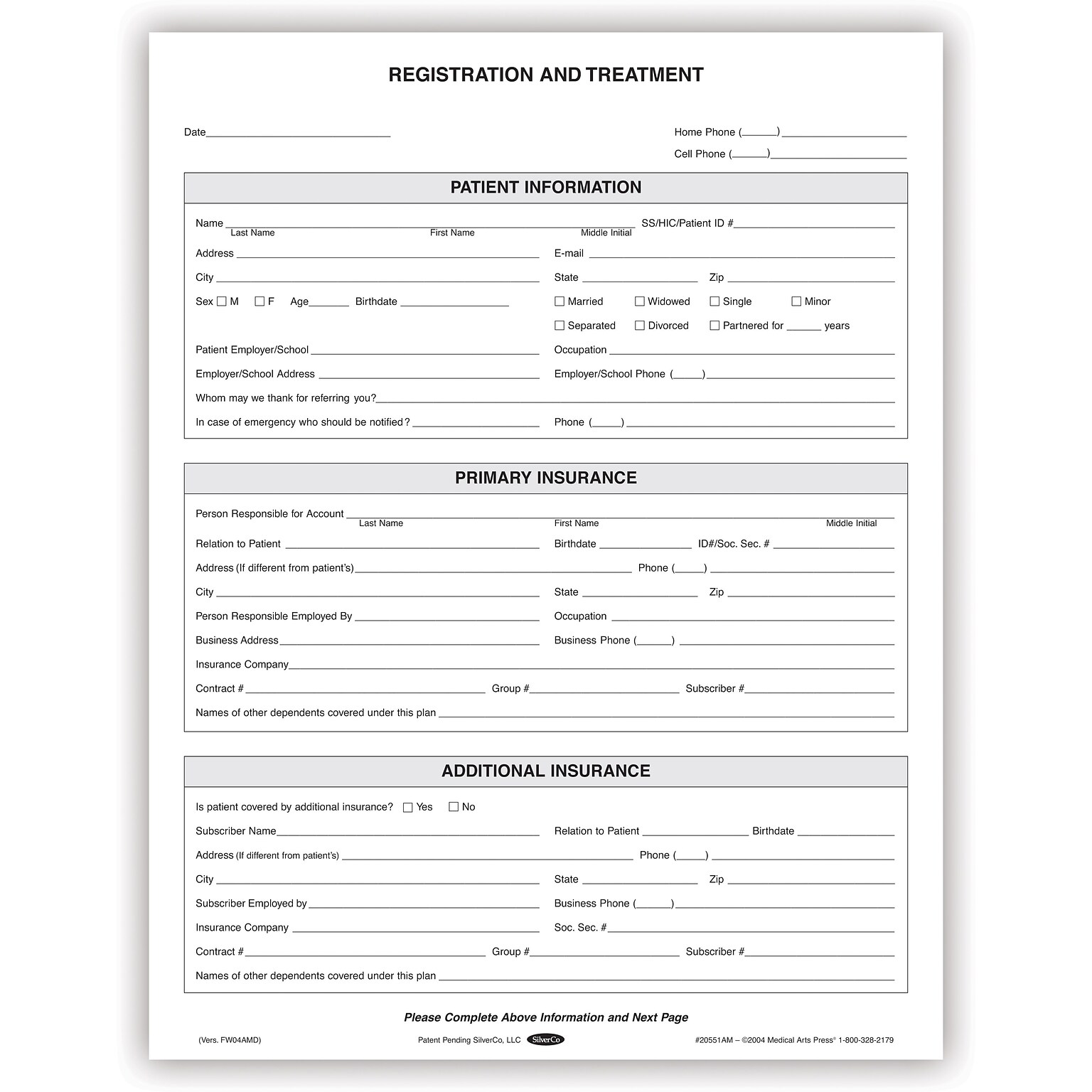 Medical Arts Press® Dental Registration and Treatment Form,  4-Pages