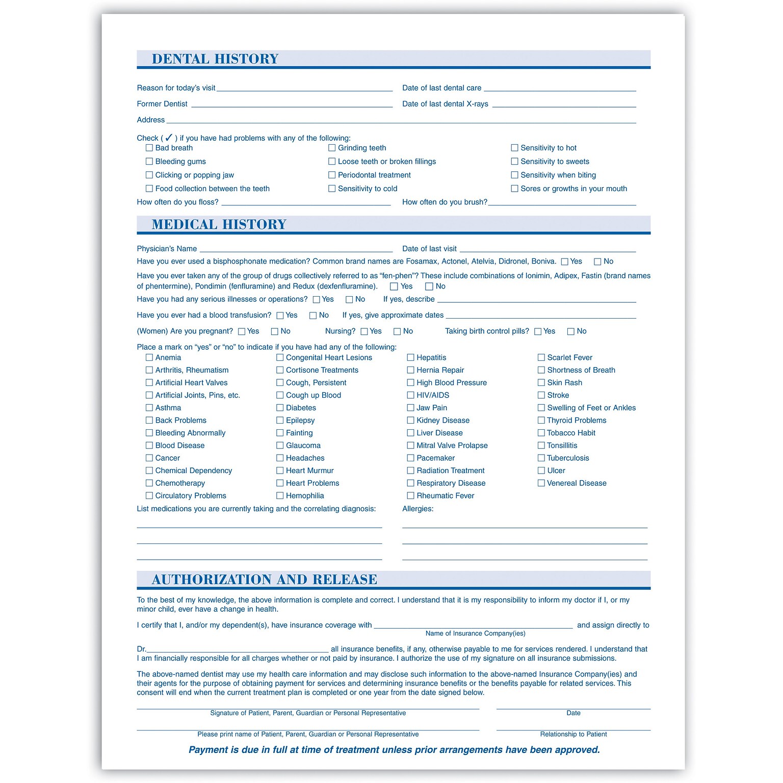 Medical Arts Press Dental Registration and History Form without Updates, Tooth Character