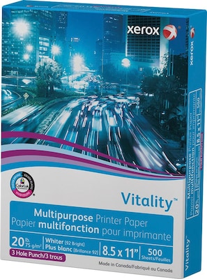 Xerox® Vitality® 8.5" x 11" 3-Hole Punch Multipurpose Printer Paper, 20 lbs., 92 Brightness, 500/Ream (3R2641)